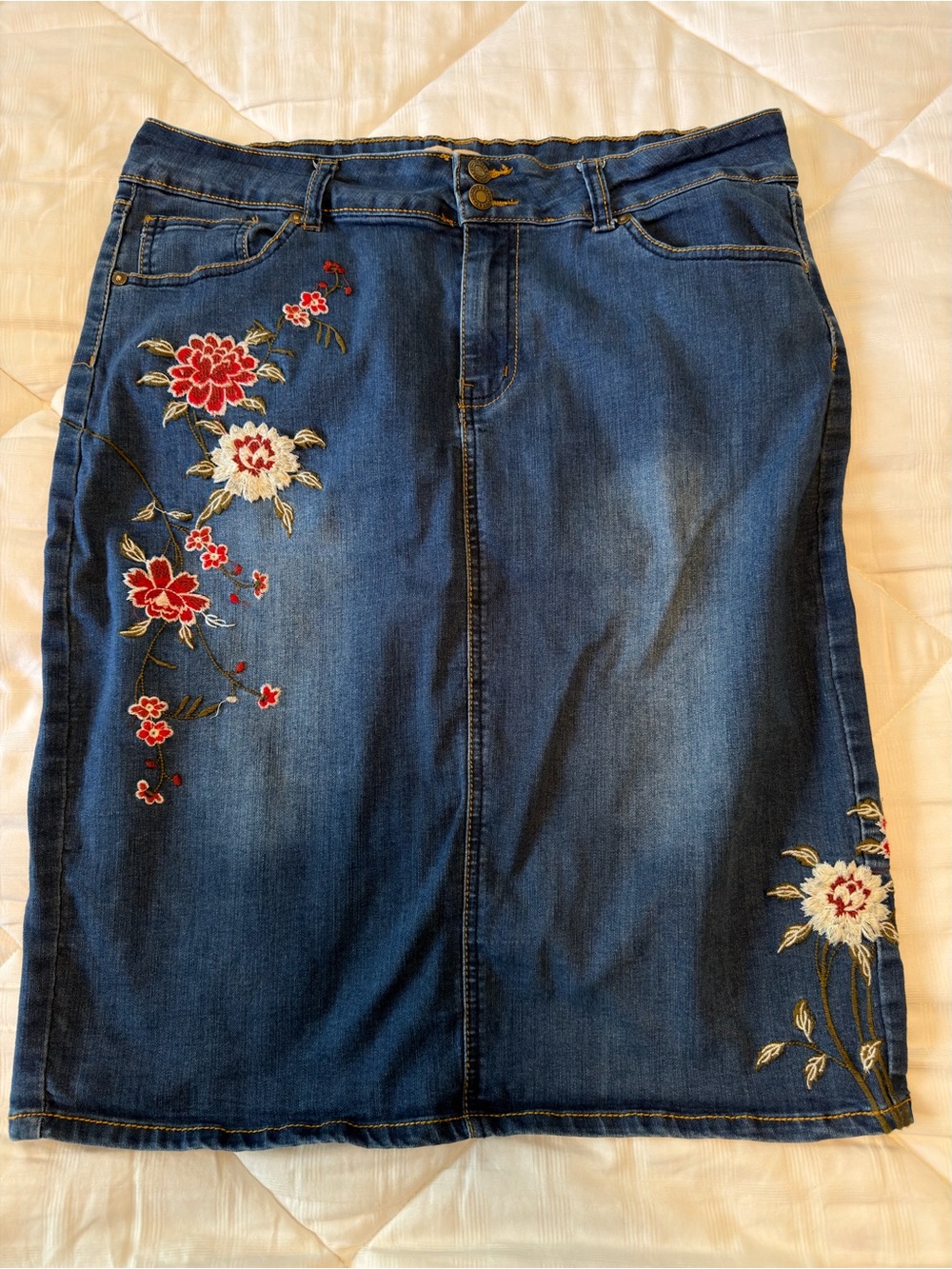 Sandpiper Vibrant Embroidered Denim Pencil Skirt Size 14